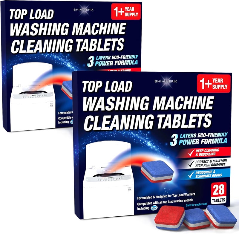 SHIMMERIX Washing Machine Cleaner Tablets 56 Pack for HE Top Load - Eco Friendly Washer Machine Cleaning Tablets - 3 Layers Septic Safe Wash Machine Full Deodorizer Descaler Protector - 2 Plus Year Supply - Image 1